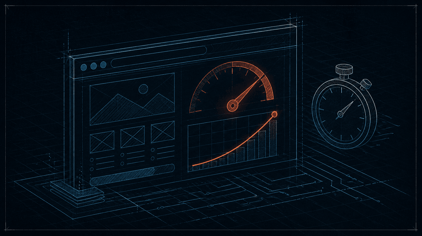 Blueprint-Illustration eines Browserfensters mit Tachometer und Performance-Kurve