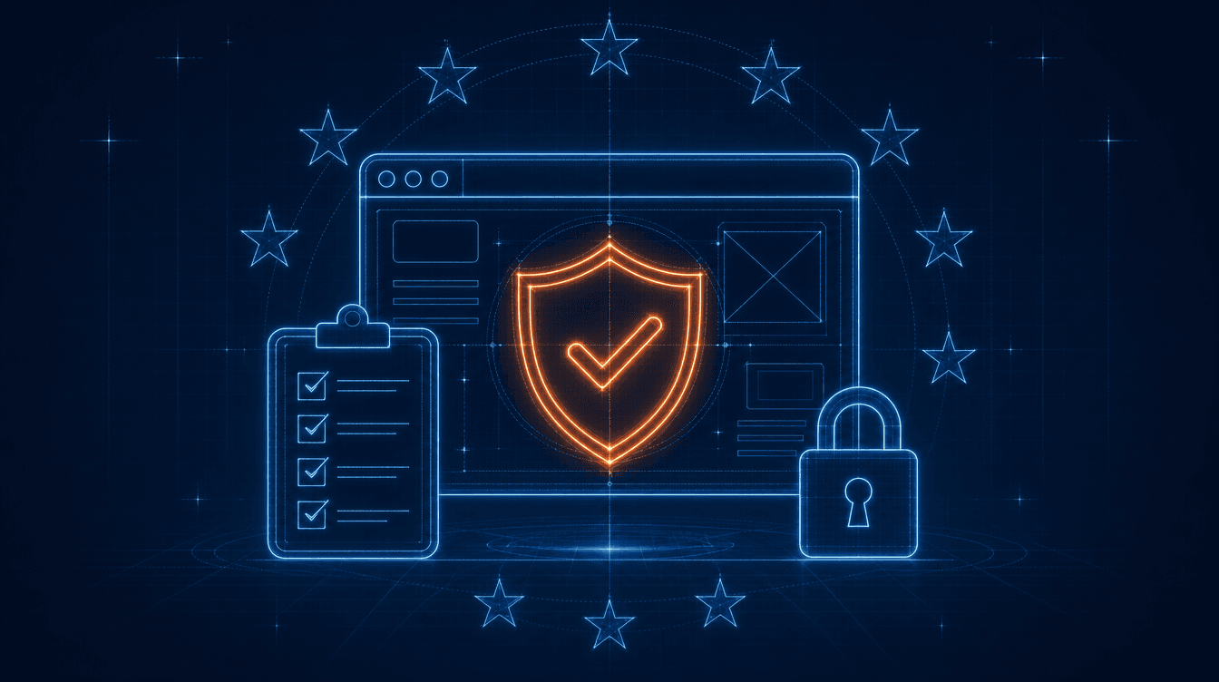 Blueprint-Illustration einer Website mit Datenschutz-Schild, Checkliste und Schloss
