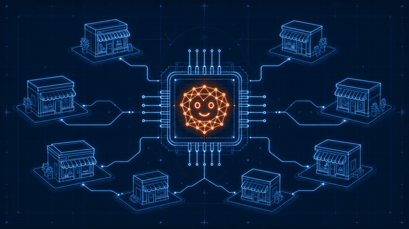 Blueprint-Illustration eines KI-Chips, der mit kleinen Unternehmen vernetzt ist