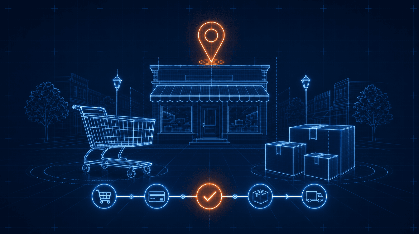 Blueprint-Illustration eines lokalen Onlineshops mit Einkaufswagen und Standort