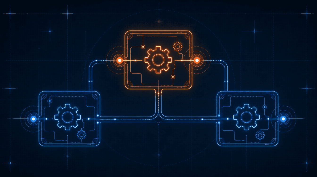 Blueprint-Illustration vernetzter Automatisierungs-Workflows mit Knotenpunkten und Zahnrädern