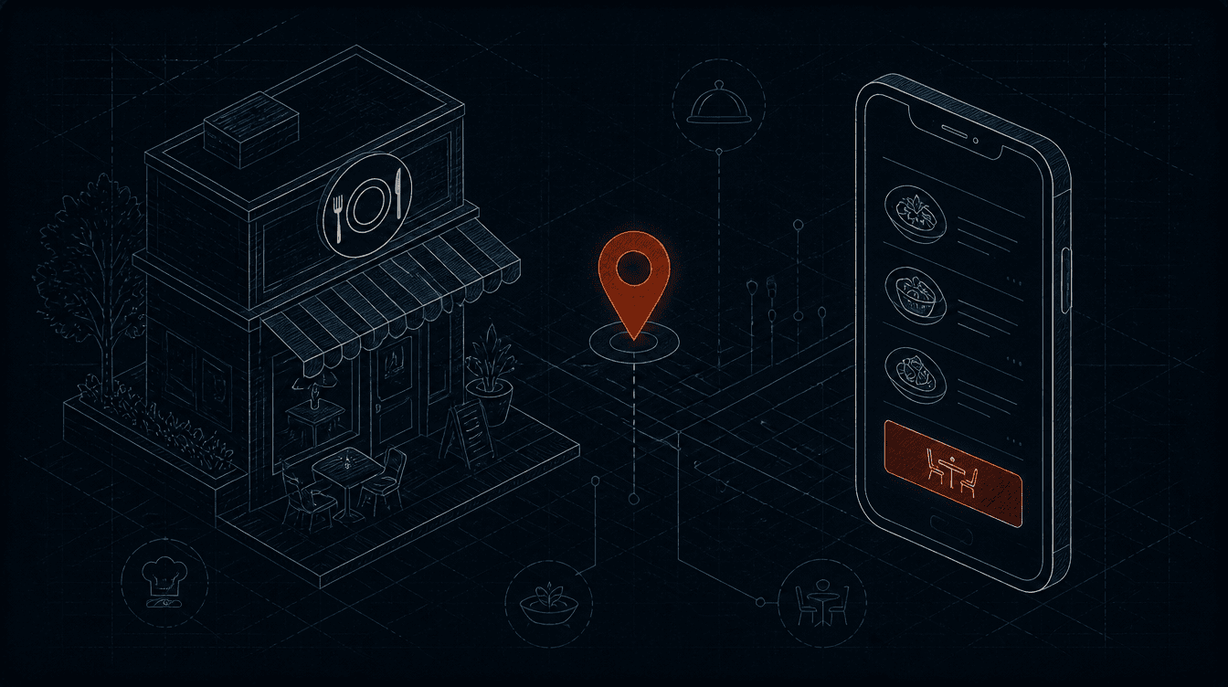 Blueprint-Illustration eines Bistros mit Speisekarte und Reservierung auf dem Smartphone