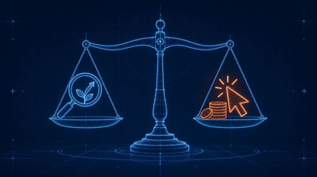 Blueprint-Illustration einer Waage zwischen organischer Suche und bezahlter Werbung