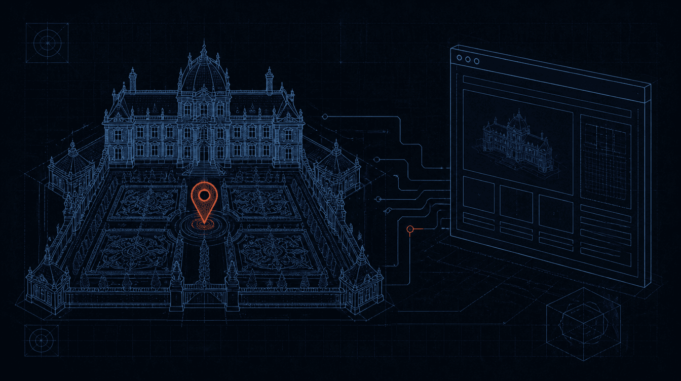 Blueprint-Illustration einer Barock-Residenzstadt mit Schloss und Browserfenster