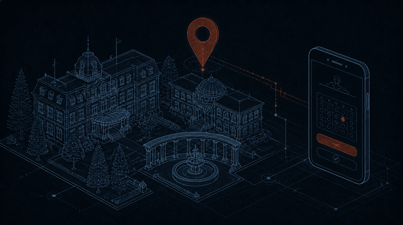 Blueprint-Illustration einer Kurstadt mit Hotels und einer Buchungs-App