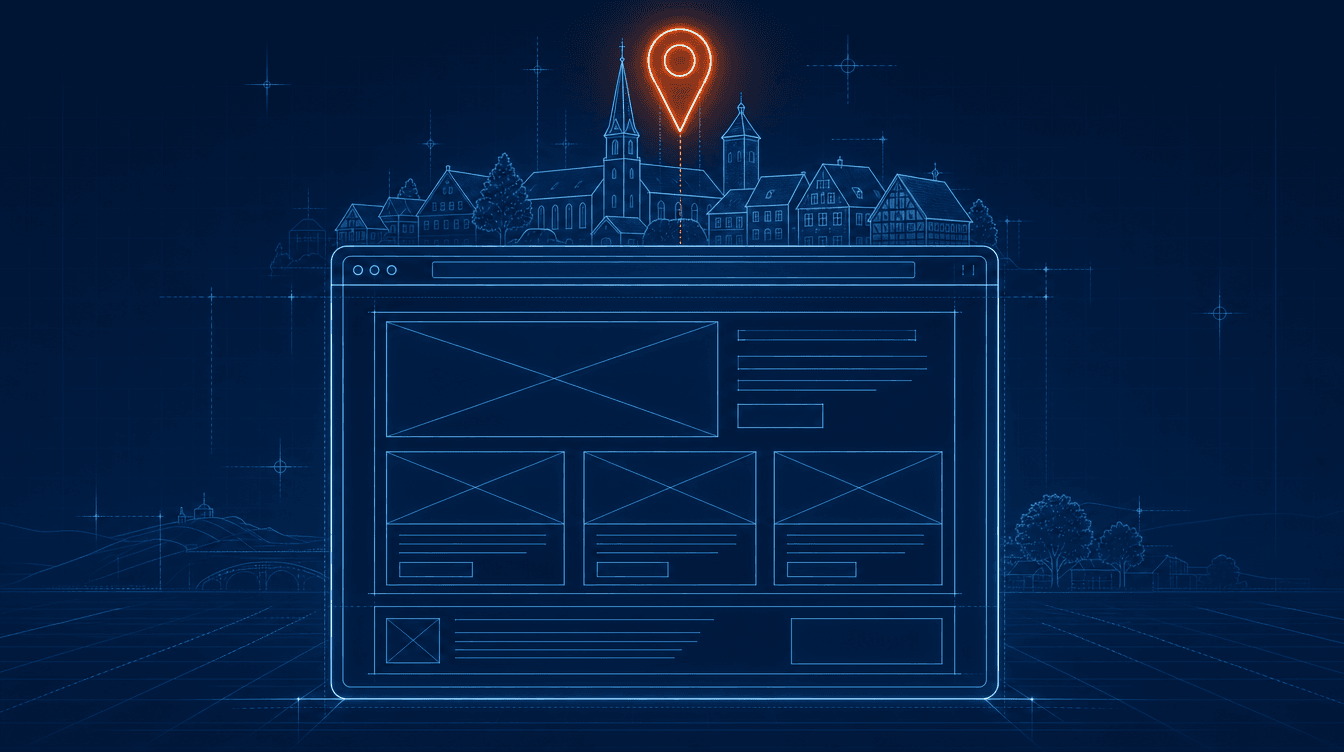 Blueprint-Illustration eines Browserfensters mit Stadtsilhouette und Standort