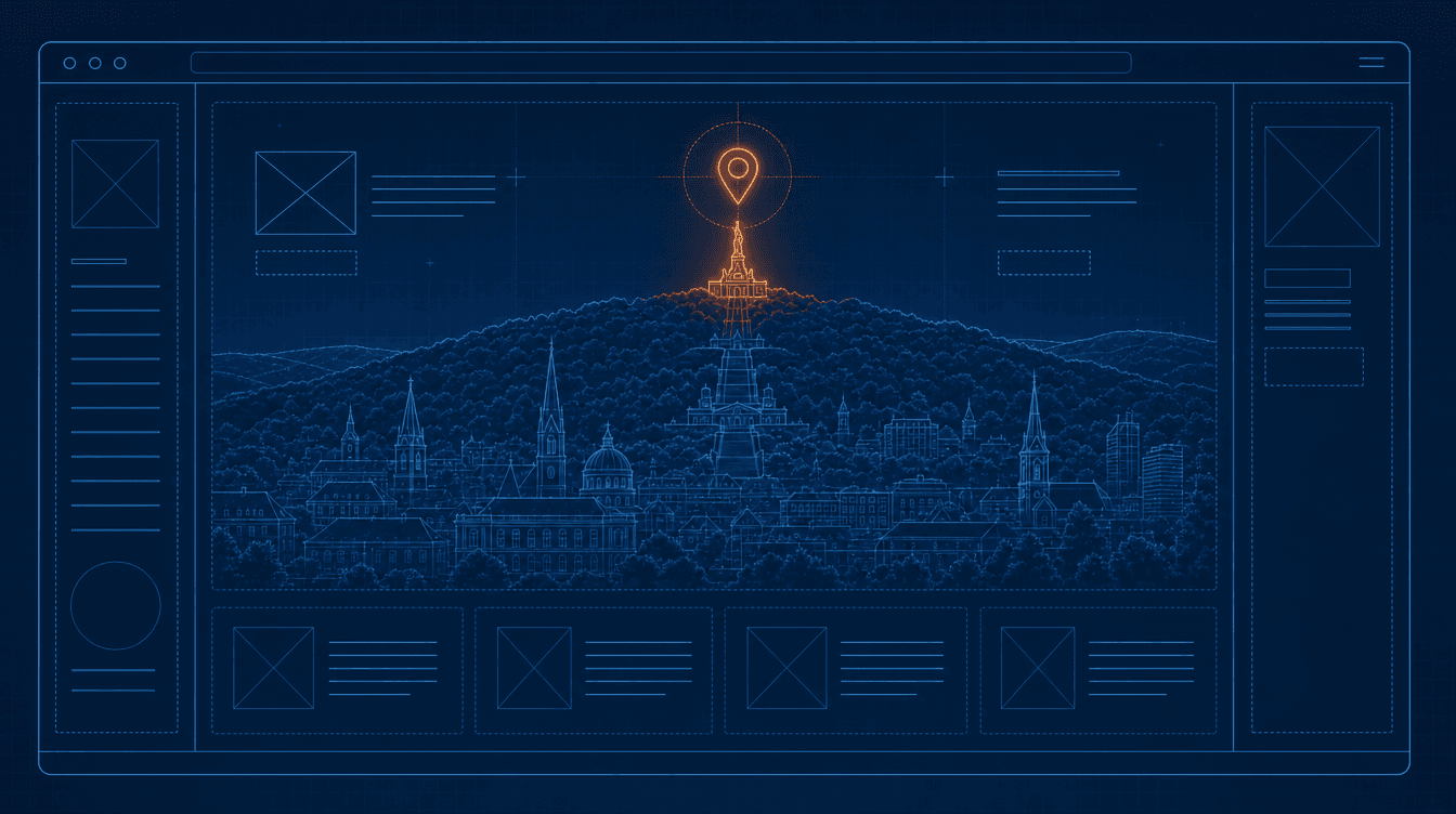 Blueprint-Illustration eines Browserfensters mit Kasseler Stadtsilhouette und Standort-Pin