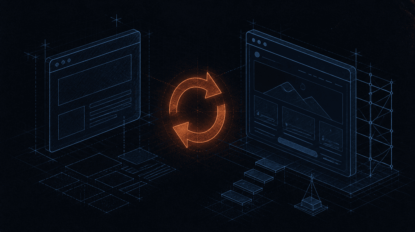 Blueprint-Illustration eines Website-Relaunchs mit alter und neuer Browseransicht