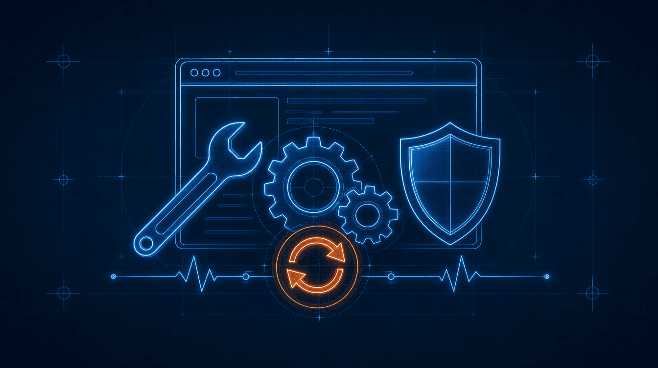 Blueprint-Illustration einer Website-Wartung mit Zahnrädern, Schraubenschlüssel und Schutzschild