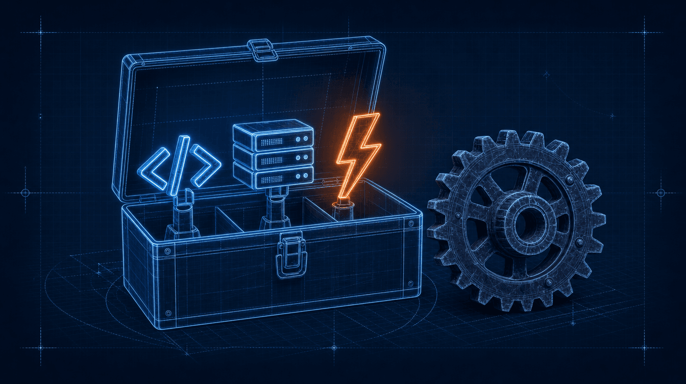 Blueprint-Illustration eines geöffneten Werkzeugkastens, in dem eine moderne Next.js-Architektur einen veralteten WordPress-Stack als Werkzeug ersetzt