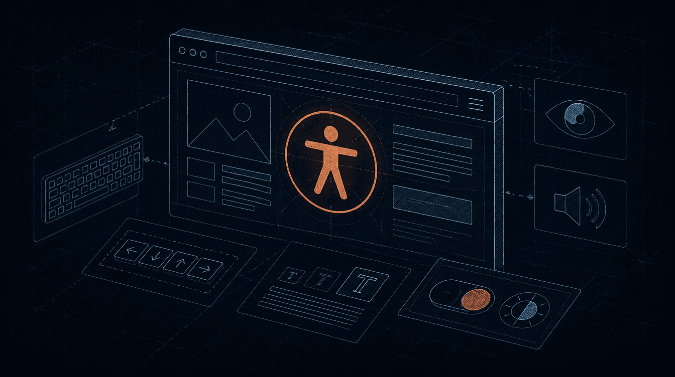 Blueprint-Illustration einer Website mit Barrierefreiheits-Symbol und Bedienhilfen