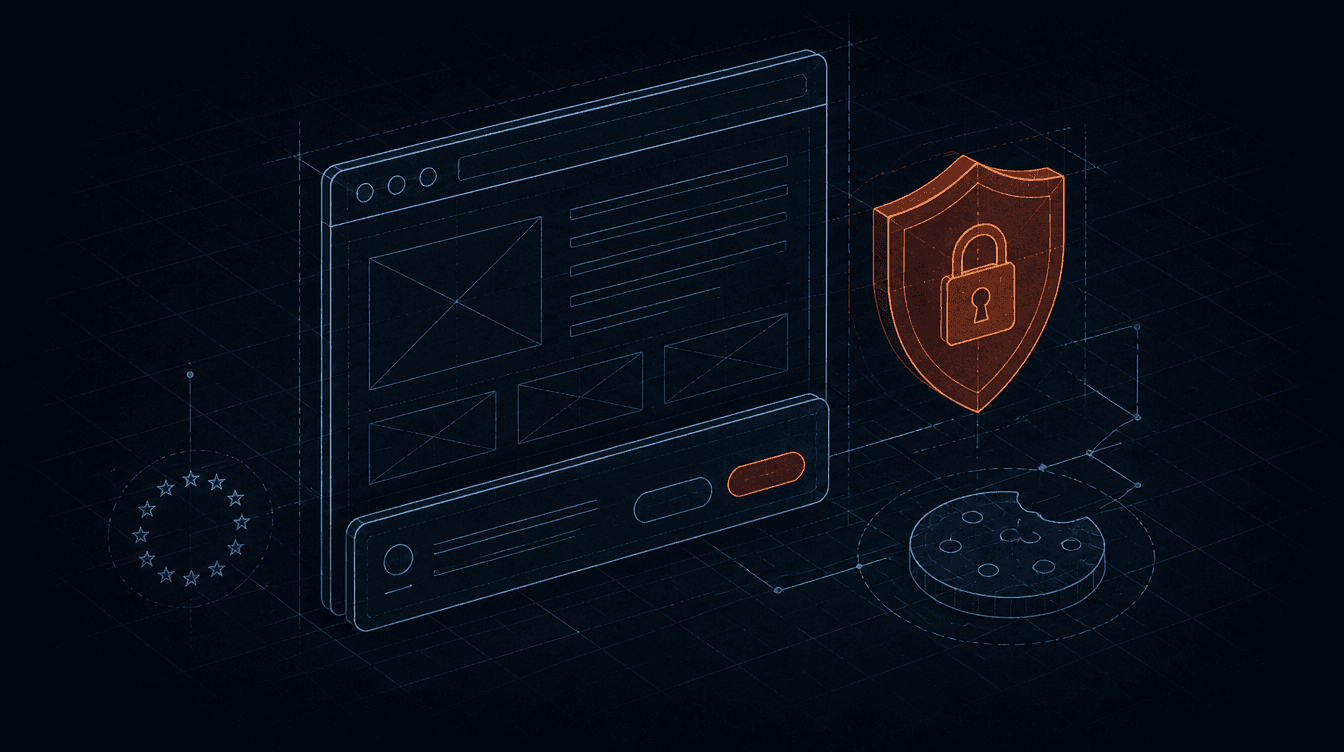 Blueprint-Illustration eines Browserfensters mit Consent-Banner und Schutzschild