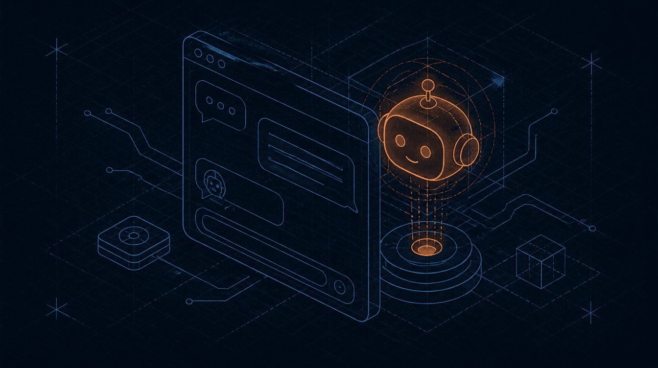 Blueprint-Illustration eines Chatfensters mit freundlichem Roboterkopf